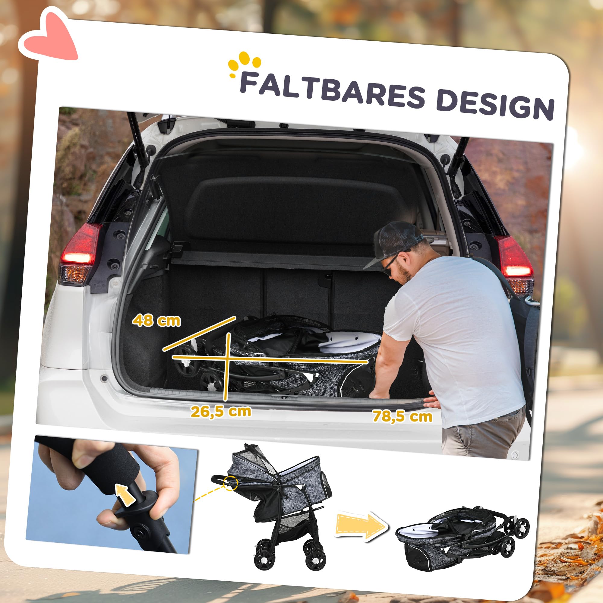 PawHut Hundewagen, faltbarer Hundebuggy, Hundetrolley mit Kissen, Katzenbuggy, Katzenwagen mit 4 Rädern, Netzfenster, Stauraum für kleine Hunde, Katzen, 600D Oxford, Schwarz