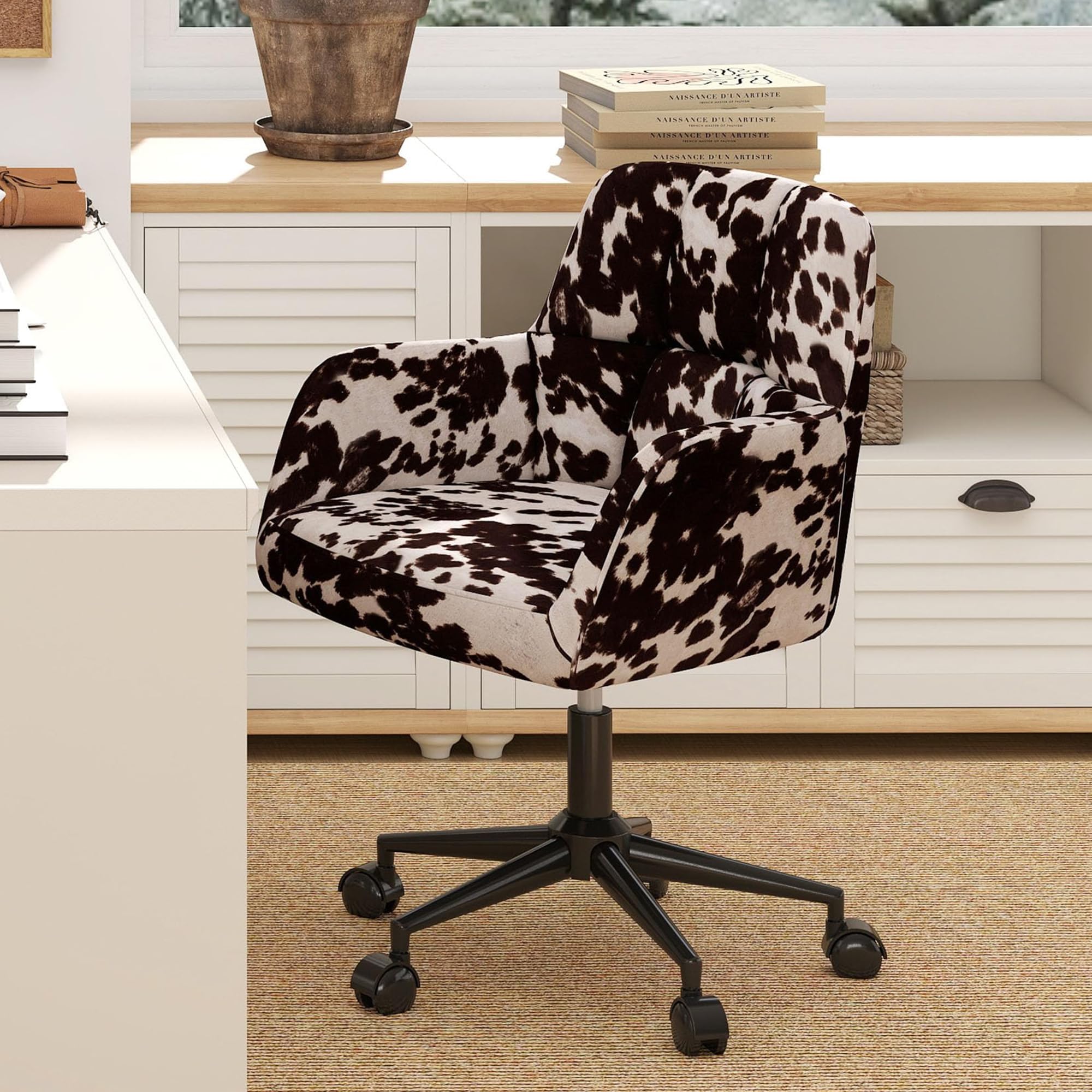 Modern Swivel Home Office Desk Chair with Wheels Cow Print Velvet Height Adjustable Comfortable Ergonomic Upholstered Vanity Make
