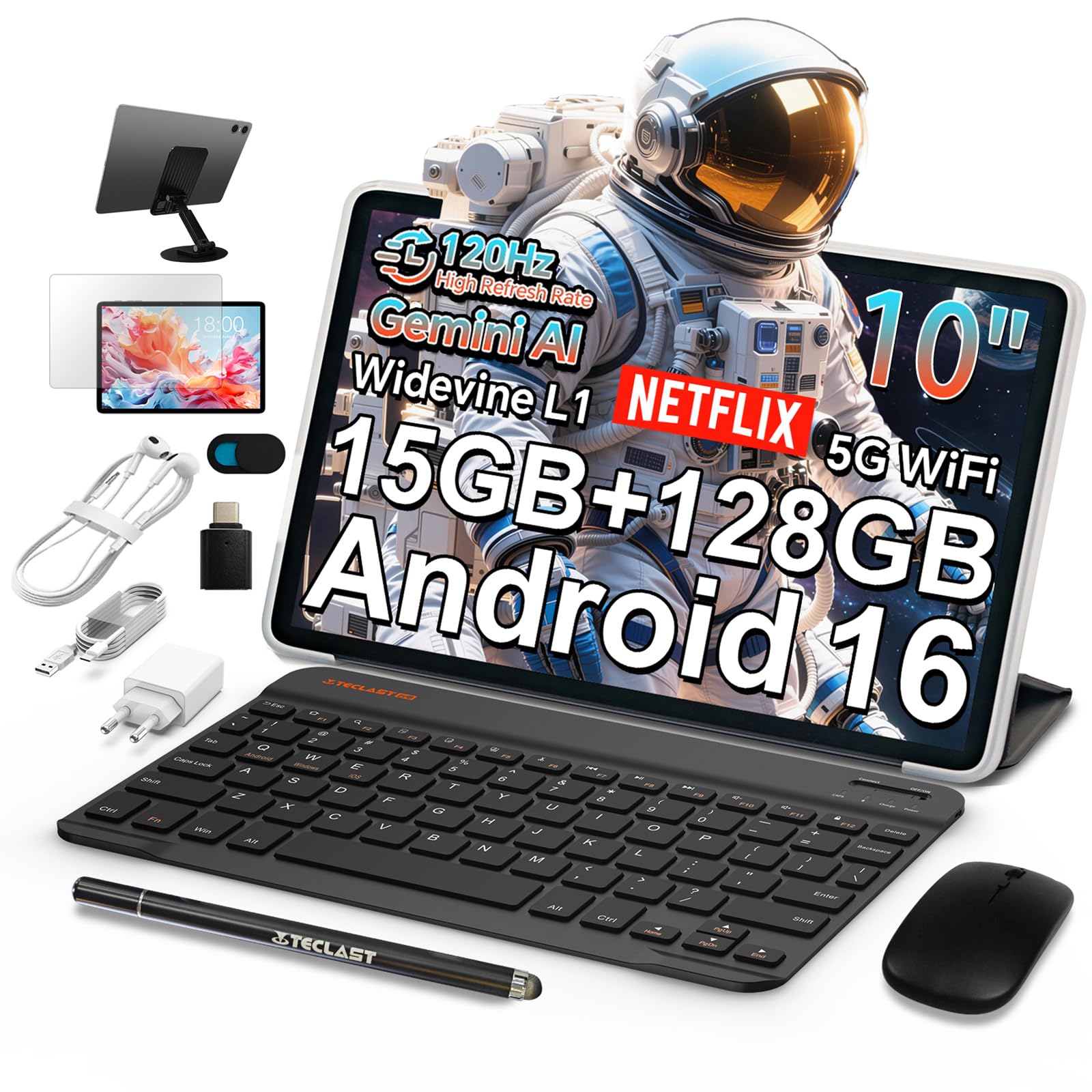 TECLAST P30T Android 16 Tablet 10.1 Zoll 120Hz Display, 10 Zubehör Tablets mit Tastatur+Hülle+Stift+Maus, 15GB RAM+128GB ROM(5TB TF), T7250 Octa-Core A75, Gemini AI/5G WiFi/Widevine L1/GPS/6000mAh/OTG
