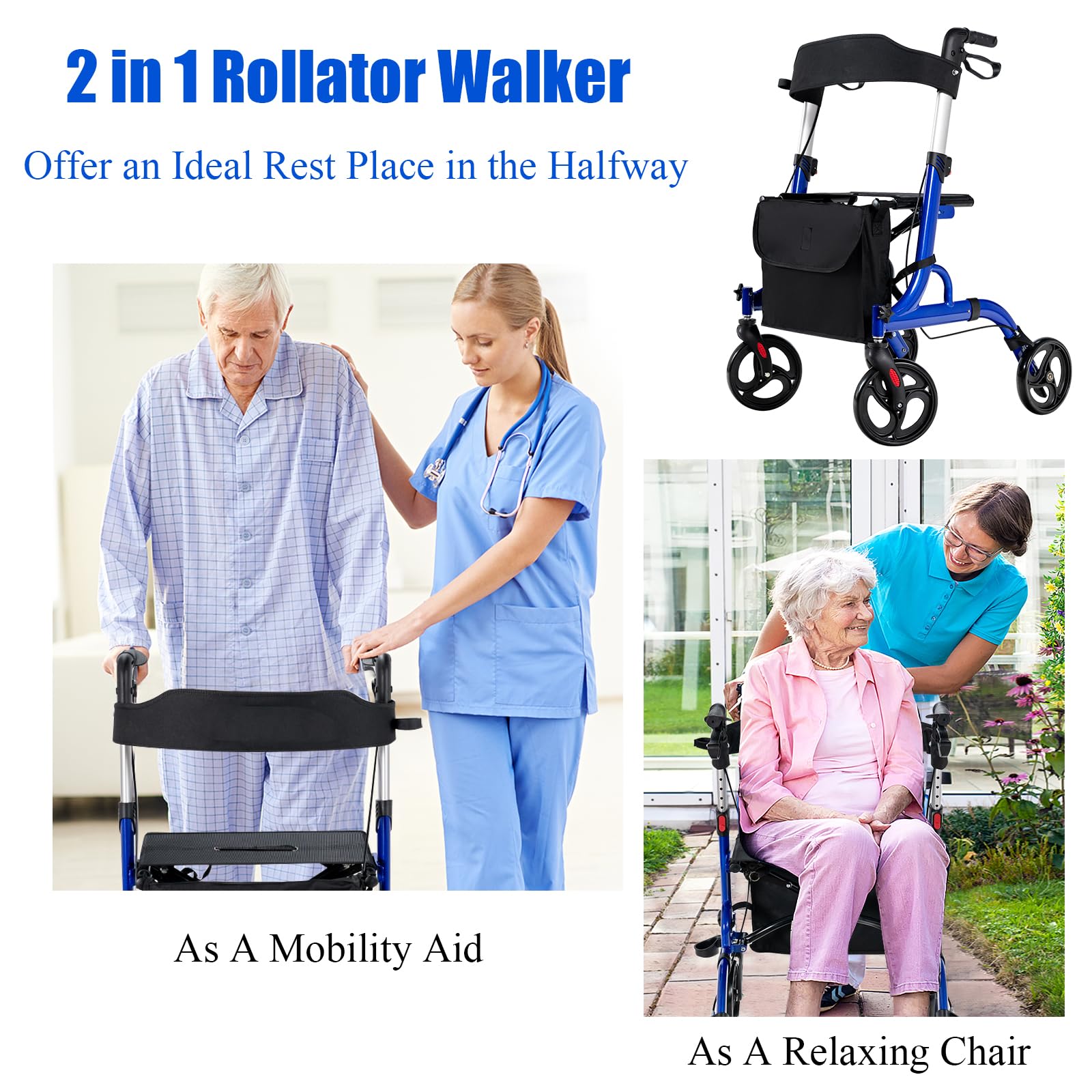 HOMASIS Andador plegable y ligero, con asiento y ruedas, Manijas ajustable, Rollator con sistema de doble freno, Bolsa de Almacenamiento, Aleación de aluminio hasta 150kg, 79,5x61,5x83-96cm (Azul)