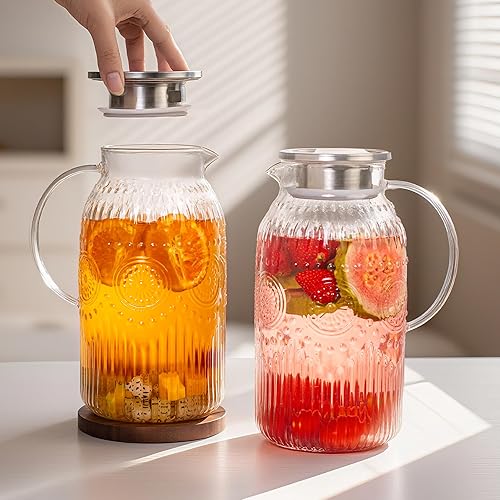 Miniatura 6 de Bandesun Jarra de vidrio con tapa, jarra de agua vintage de 68 onzas2 litros, jarra para preparación fría, café, limonada, té helado, bebidas, jarra