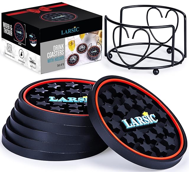Large Drink Coasters Premium Rust Proof Holder Set of 6 - Black The Most Thick Silicone Rubber Pads 11.4 cm Wide Non Slip Mug Coaster Trivets Wine Glass Bottle Home Bar Table Ultimate Protection