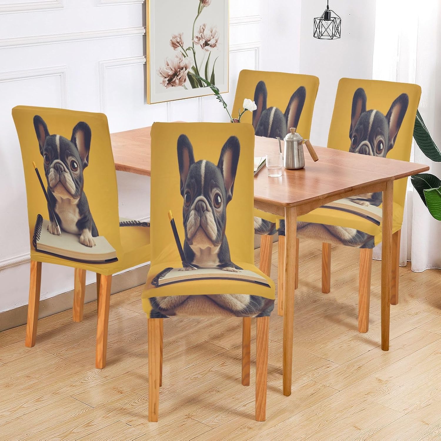 ALAZA Chair Covers for Dining Room, Cute Puppy French on Yellow Stretch Chair Cover Sets Chair Protector Removable Washable for Ktichen Restaurant Hotel