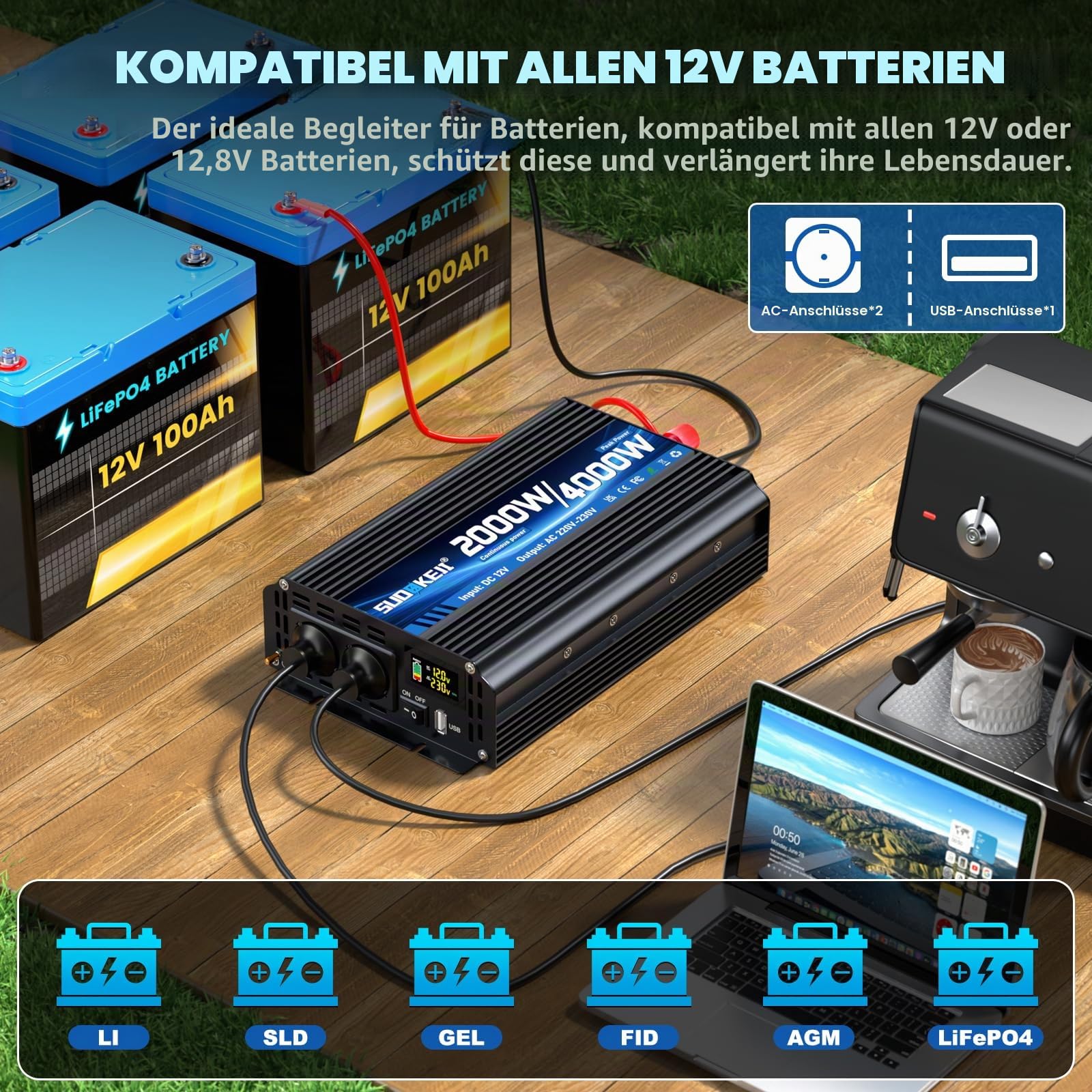 Wechselrichter 12V 230V 2000W/4000W Spannungswandler Modifizierte Sinus Sine Wave Inverter mit 2 AC Steckdose und USB und Type-C Port für Auto Wohnmobil Fahrzeuge
