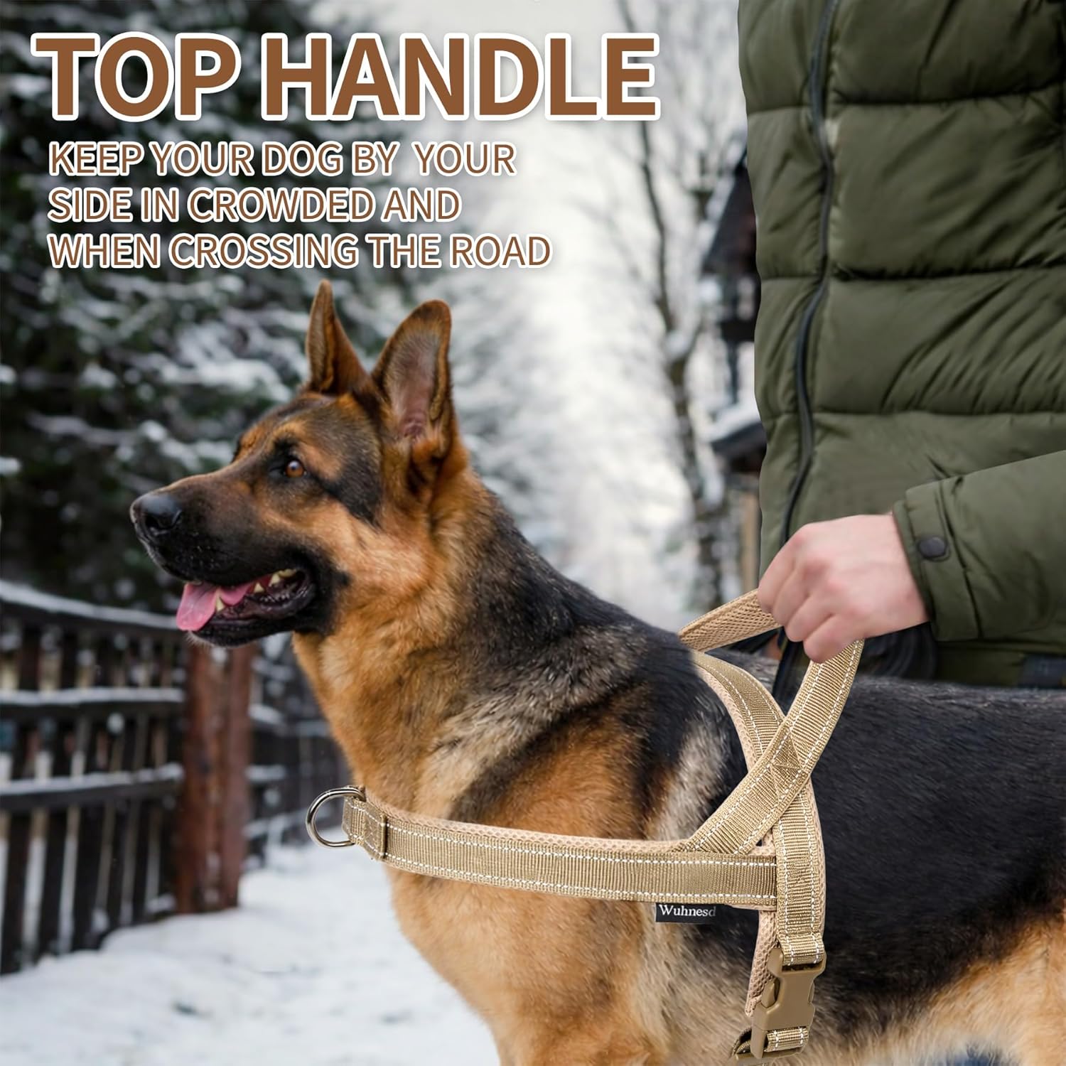 No Pull Dog Harness and Leash Set-Reflective Vest with Handle&5FT Dog Leash with Car Seatbelt Clip,Breathable Mesh&Quick Fit Dog Harness Easy for Medium Large Dogs Training Walking(Brown,M)