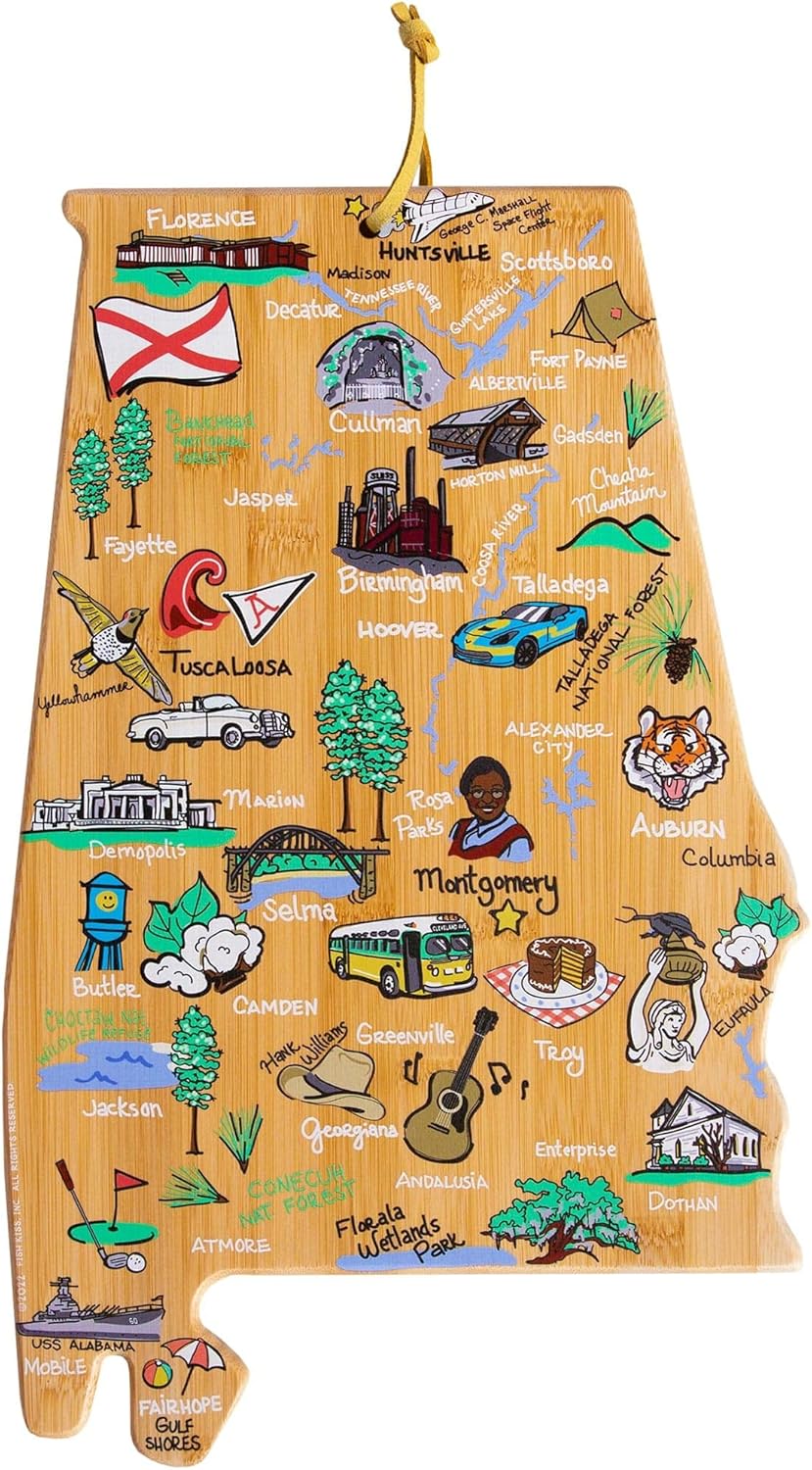 Totally Bamboo Alabama State Shaped Cutting Board and Charcuterie Serving Platter with Artwork by Fish Kiss, Includes Hang Tie for Wall Display