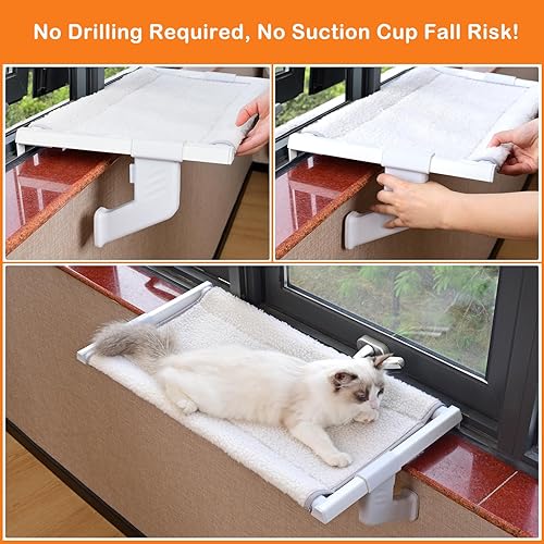 Miniatura 9 de Doemtio Percha de ventana para gatos grandes en interiores, hamaca de ventana de gato con ajuste deslizante de un solo paso con 2 fundas de tela,