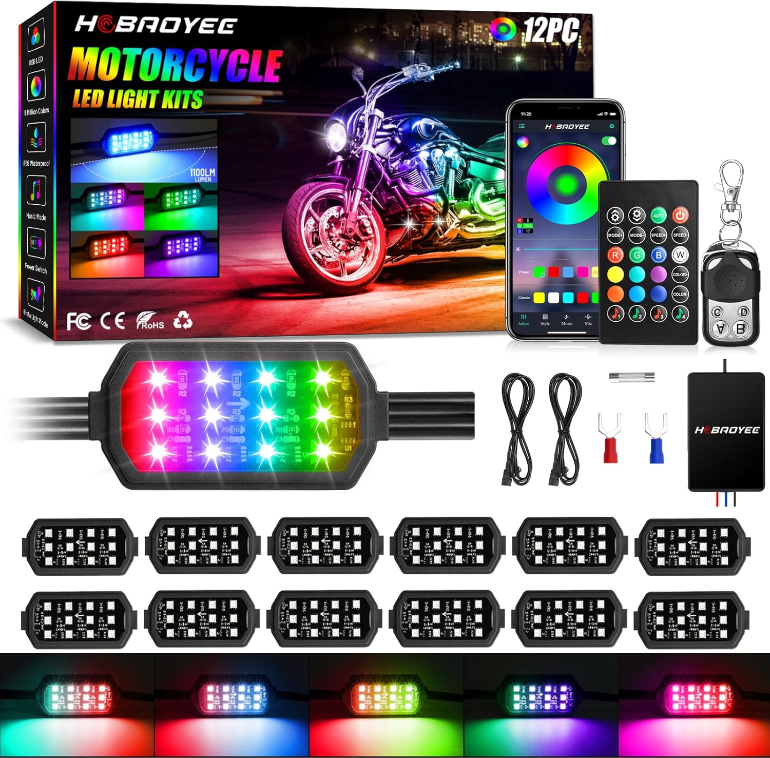 12Pcs Motorcycle LED Light Kit, 12 LEDs SMD Chips Magic-RGB Multicolor Lights, Underglow Kit with APP/RF Remote Control, Fit Most Motorcycles, ATV, UTV