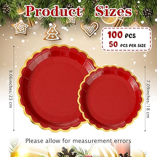 Miniatura 2 de Tanlade 100 platos de Navidad rojos festoneados, platos de papel desechables de 9 pulgadas y 7 pulgadas, vajilla roja de postre con borde dorado