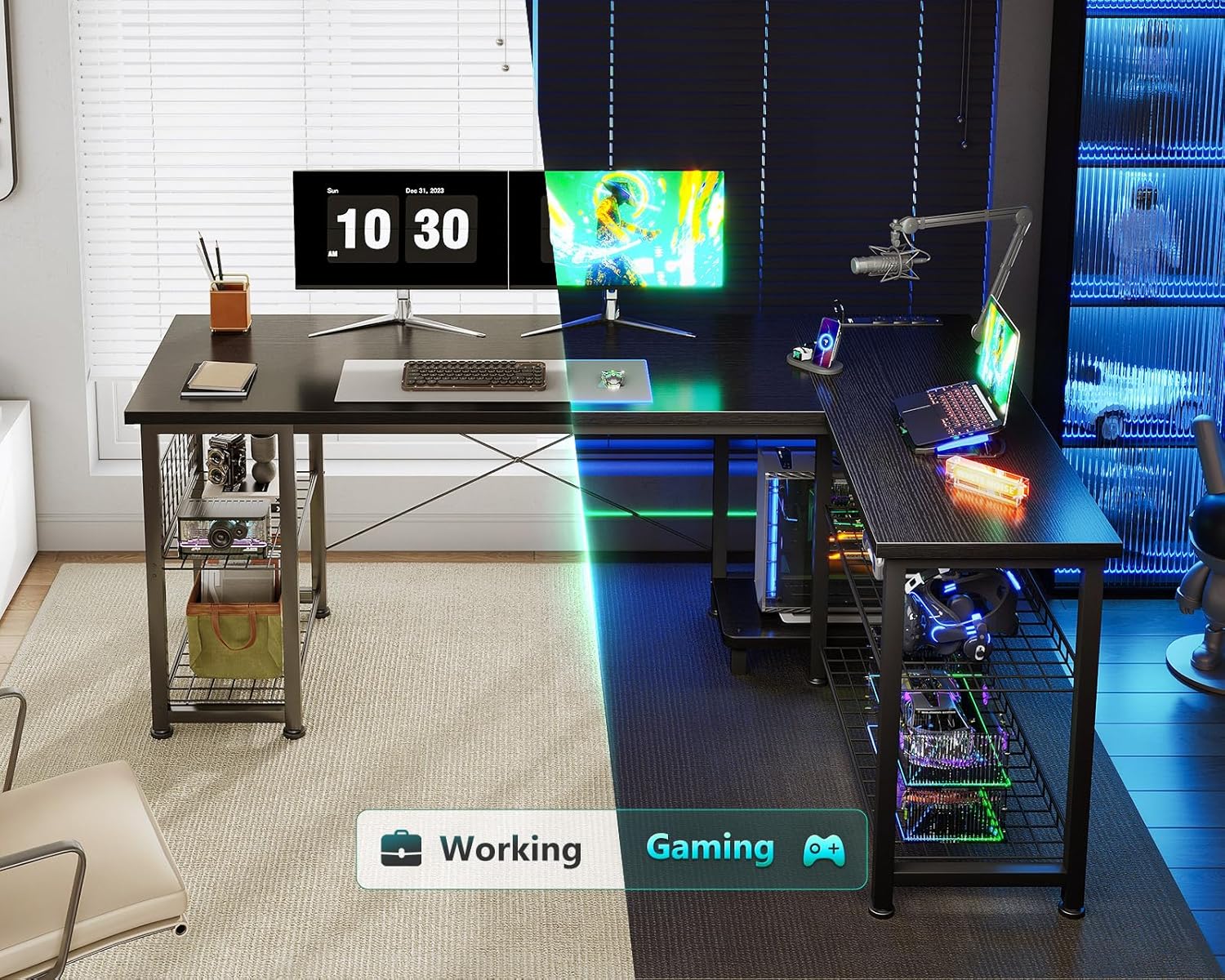 Casaottima 51 Inch L Shaped Gaming Desk with Shelves & Power Outlets, Reversible Computer Desk with Storage Shelves for Home Office, Black image 8 of 9 B0F1YFC4MR