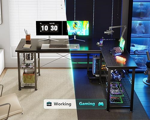 Miniatura 8 de Casaottima Escritorio para juegos en forma de L de 51 pulgadas con estantes y tomas de corriente, escritorio reversible para computadora con