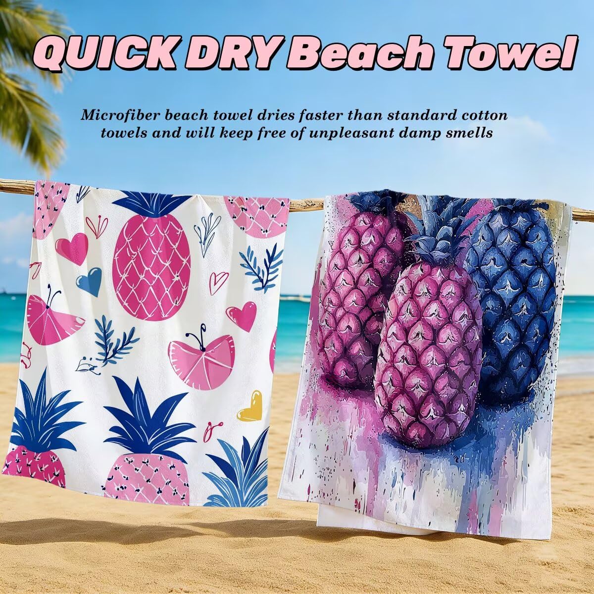 Ręcznik plażowy XXL, 90 x 180 cm, zestaw 2 sztuk, z mikrofibry, ananas, szybkoschnący, do sauny, fitness, bez piasku, ręcznik plażowy, do sauny, duży ręcznik kąpielowy, prezent dla kobiet -4681