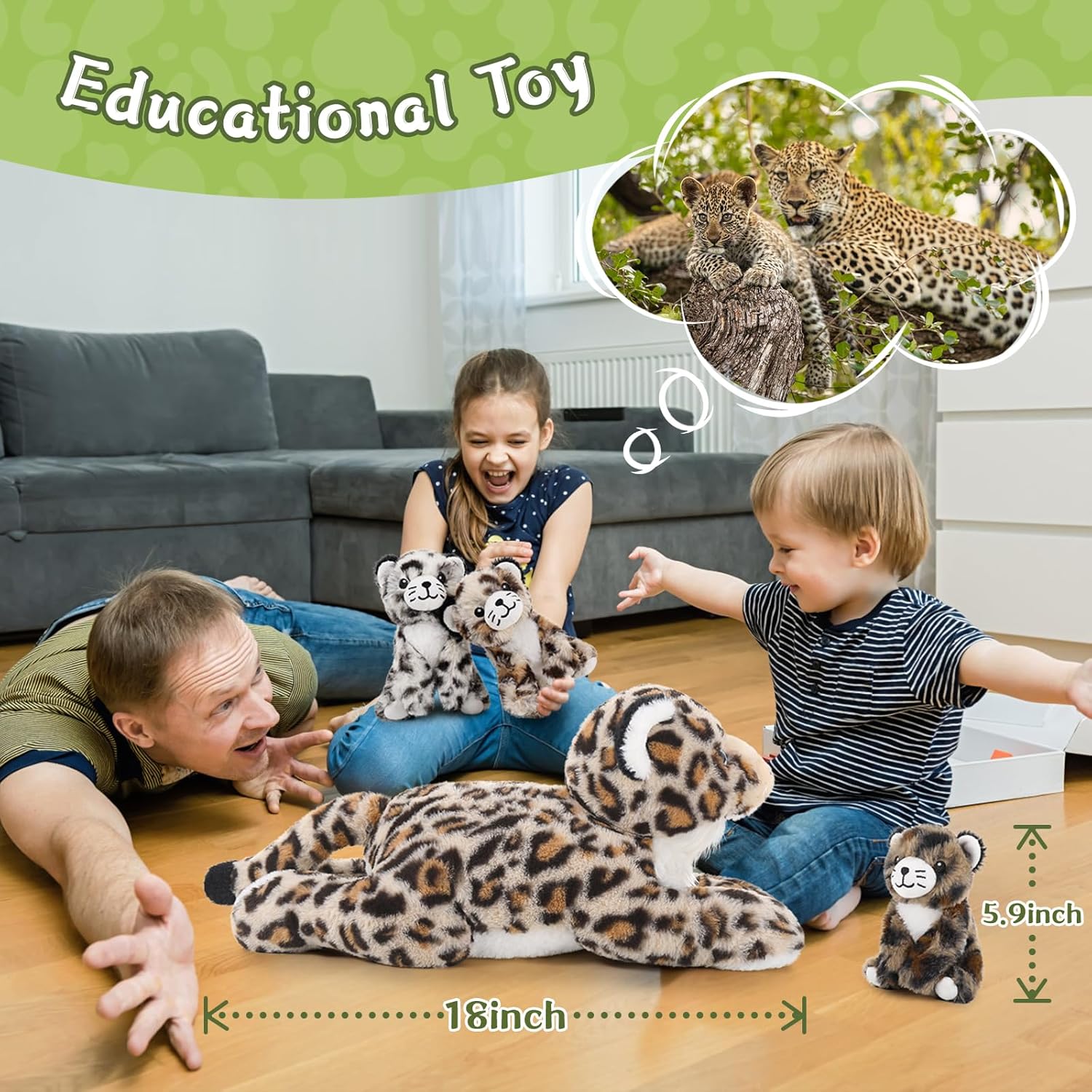 MorisMos Cheetah Stuffed Animal with Babies for Girl Kid,18'' Large Mommy Cheetah with Cub Plushies,Mama and Baby Leopard Stuffed Animal Plush Toys,Realistic Leopard Toy Gifts for Birthday Party Decor