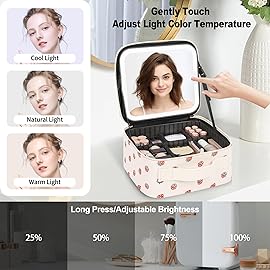 TANTO Makeup Bag With LED Mirror, Travel Makeup Case with Light up Mirror Fashion Cute Cosmetic Bag with 3 Color Lighted Portable Organizer Case with Adjustable Dividers Strawberry/Beige,Small