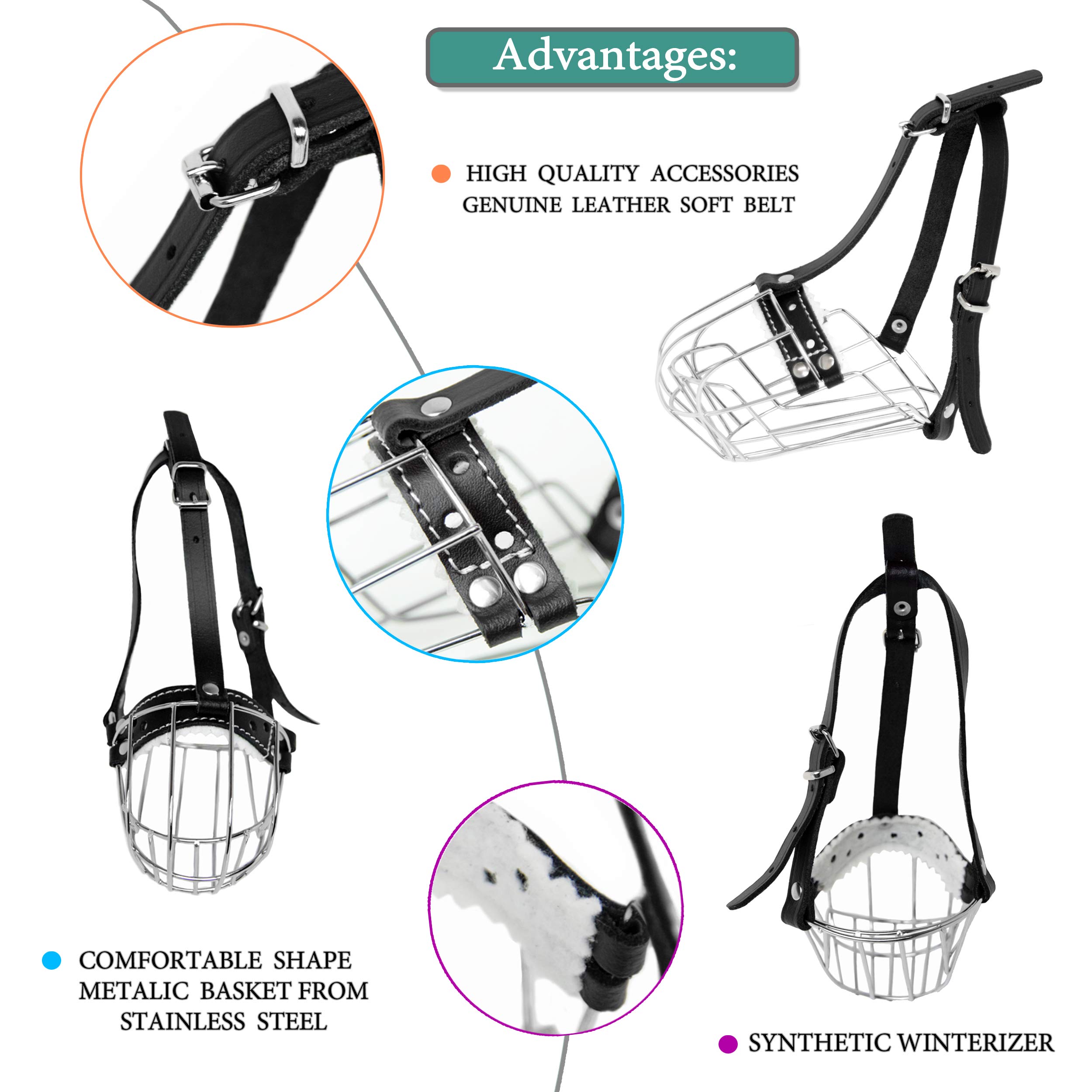 Bozales de Metal Cromado para Perros, Correas de Cuero Ajustables (№1) La Circunferencia es de 16,8-19,8 cm, la Longitud es de 6,4-6,9 cm