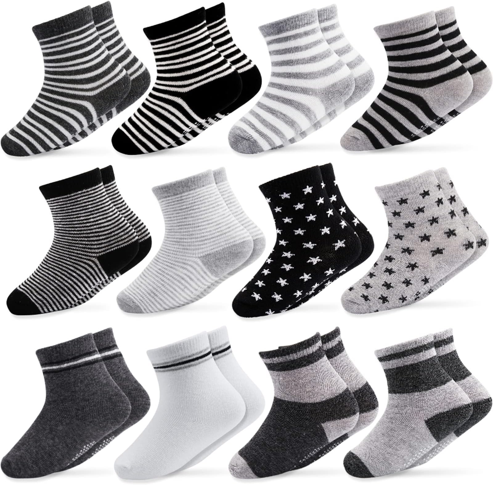 Baby Socks, 12 Pairs Non Skid Anti Slip Cotton Grip Socks for Toddler Baby Kids