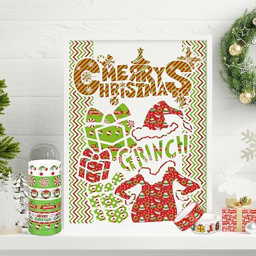 Miniatura 7 de AnyDesign 12 rollos de cinta washi de Navidad, divertidos personajes de dibujos animados, cinta decorativa verde y roja para árbol de Navidad,