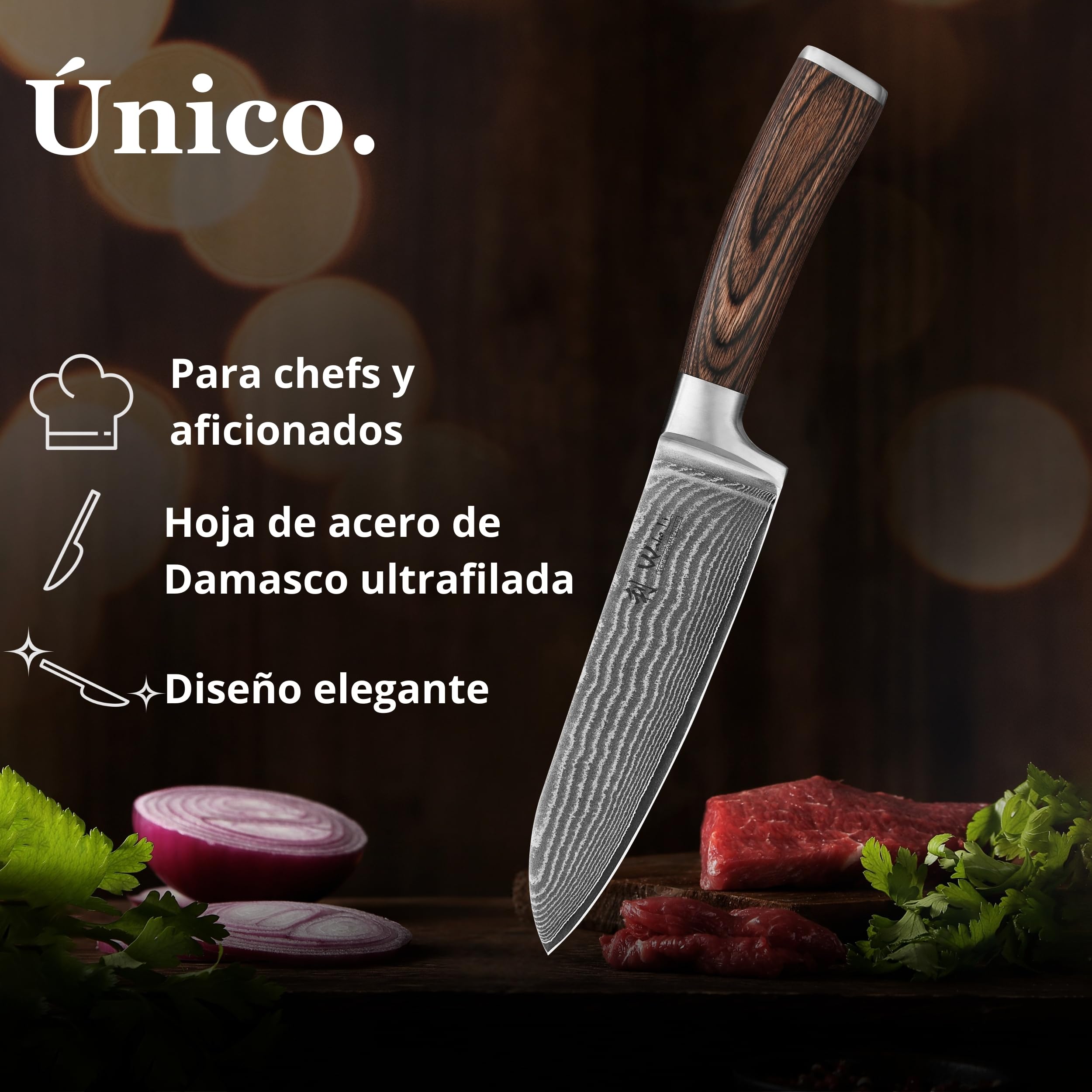 WAKOLI EDIB cuchillo Santoku de 17 cm en acero de damasco de 67 capas con núcleo VG10, mango de madera Pakka, para carne, pescado y verduras, con caja de regalo