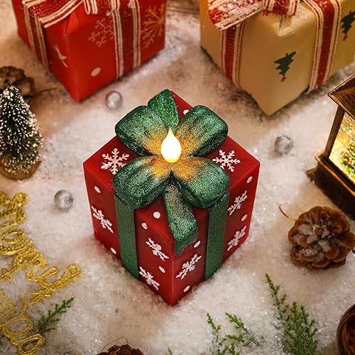 Miniatura 5 de Velas de cajas de regalo iluminadas de Navidad, cinta con purpurina pintada a mano, copos de nieve, cera real, sin llama, funciona con pilas, con