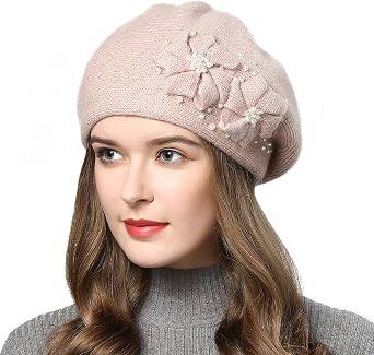Women Winter Knit Beret Hat Rabbit Hair French Style Beret Classic Warm Casual Beanie Hat