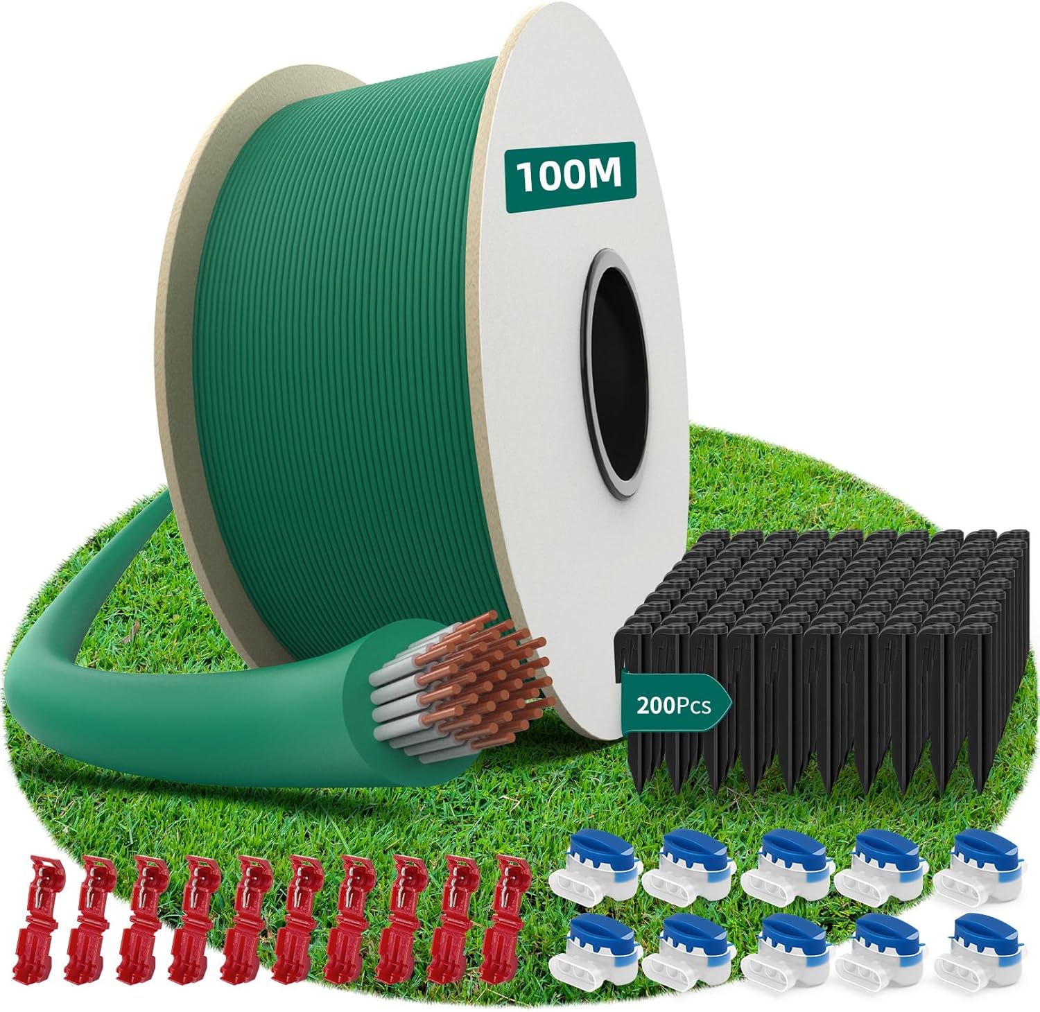 100M Universal Begrenzungskabel für Mähroboter + 200 Erdnägel + 10 Mähroboter Kabelverbinder + 10 Anschlussklemmen, HAUSPROFI Begrenzungskabel Mähroboter, Mähroboter Kabel für Alle Mähroboter