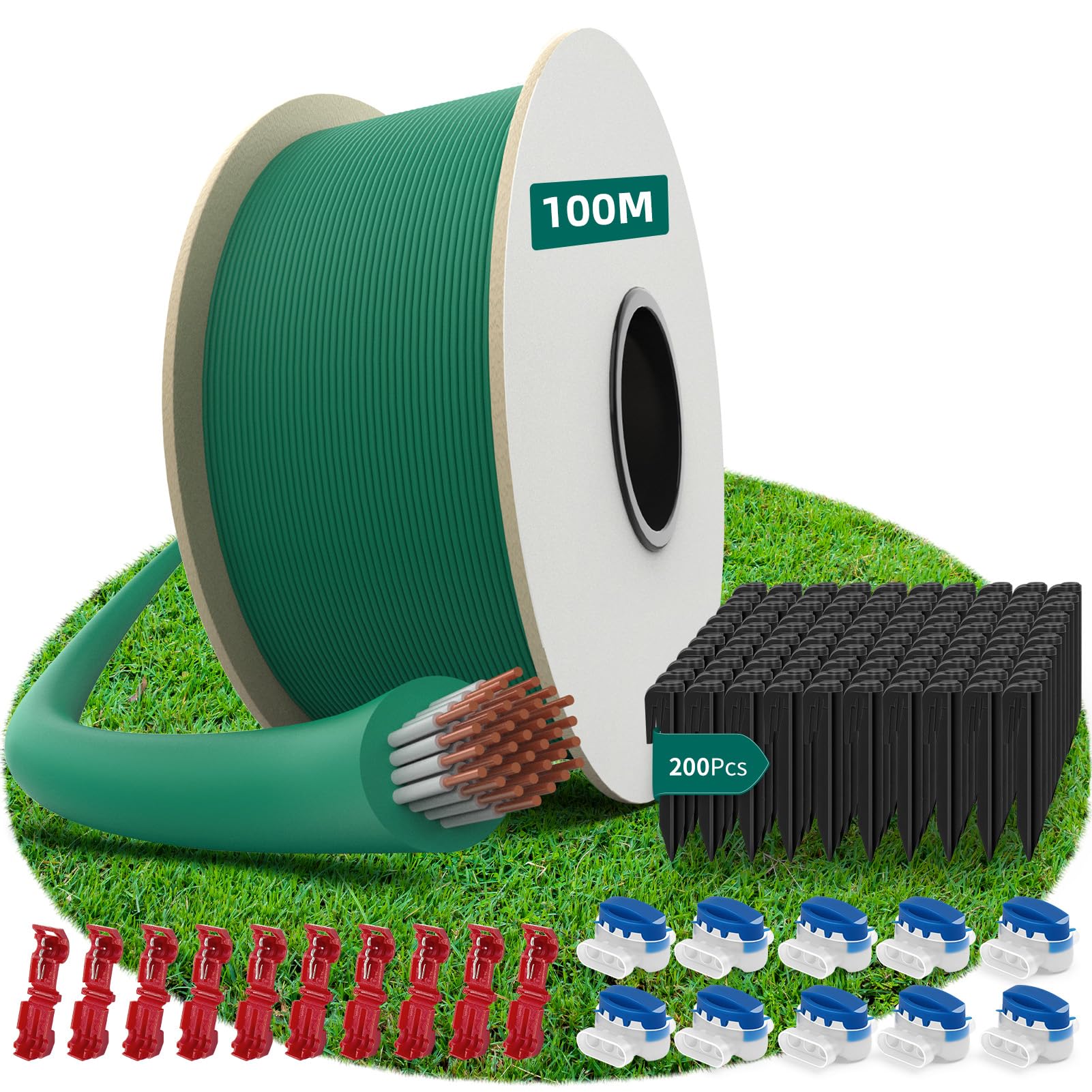 100M Universal Begrenzungskabel für Mähroboter + 200 Erdnägel + 10 Mähroboter Kabelverbinder + 10 Anschlussklemmen, HAUSPROFI Begrenzungskabel Mähroboter, Mähroboter Kabel für Alle Mähroboter