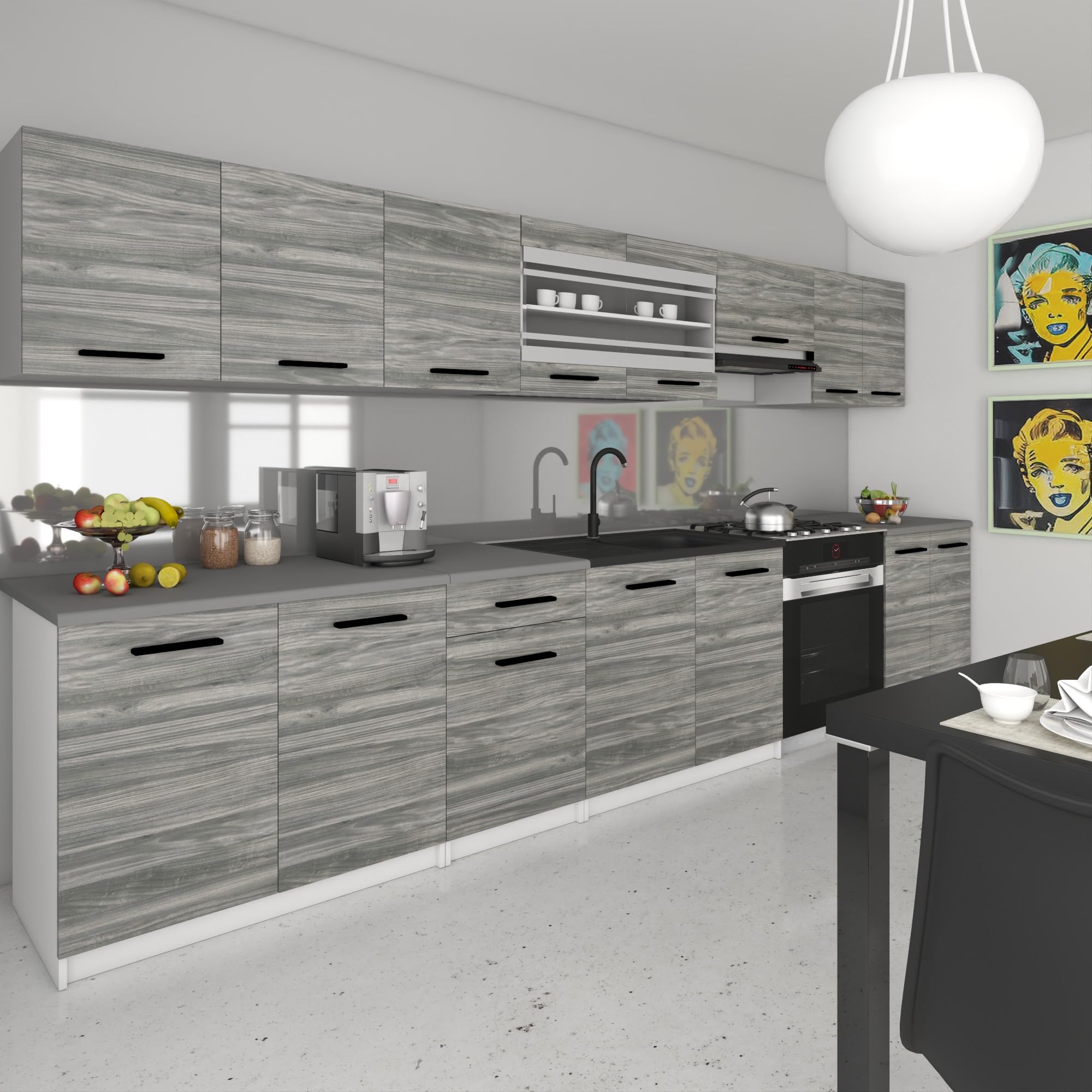 Belini Italia 3 Liniowa szafka kuchenna 320cm Szary Glamour | ECONATURA DECOR Liniowa szafka kuchenna, szafka, bez sprzętu AGD, z blatem roboczym