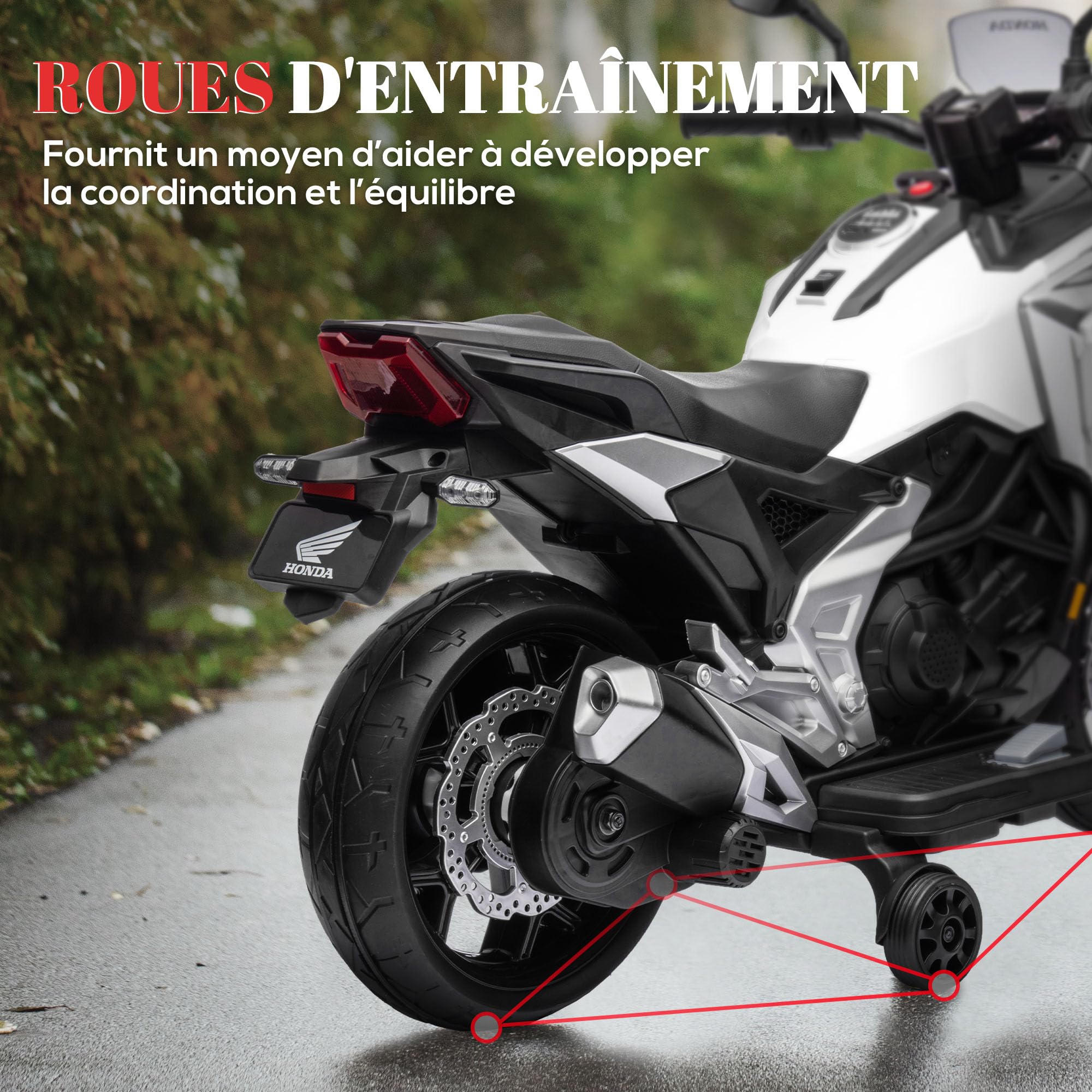 AIYAPLAY Moto électrique Enfants Honda 3-6 Ans Musique Phares 2 Roues d'entraînement 107x46x75 cm Blanc