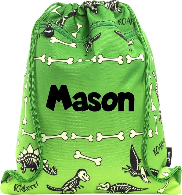 Fringoo Personalised Kids Drawstring Bag with Zipped Pocket PE Bag Swimming Football Gym School Bag for Boys Girls