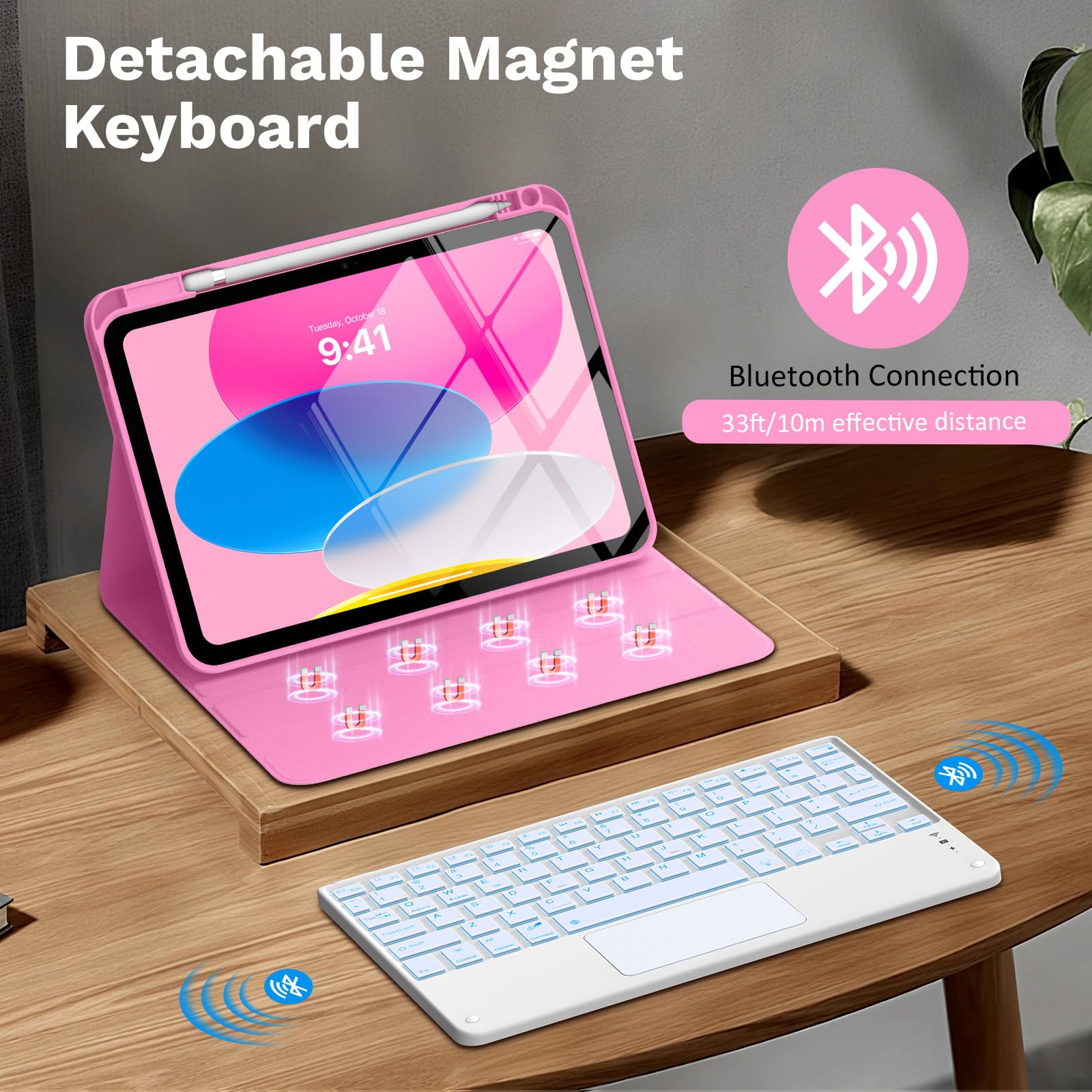 MoKo Custodia con Tastiera Multi-touch per iPad (A16) 11a Gen 11 Pollici 2025, Custodia per iPad 10a Gen 10,9 Pollici con Portapenne, Tastiera Bluetooth Staccabile Retroilluminata a 7 Colori, Peonía