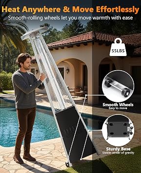 HUGROVE Pyramid Patio Heater, 48,000 BTU Rapid Heating Outdoor Propane Heater With Wheels and Weatherproof Cover, Triple Protection System for Patio, Backyard, Garden, Pool