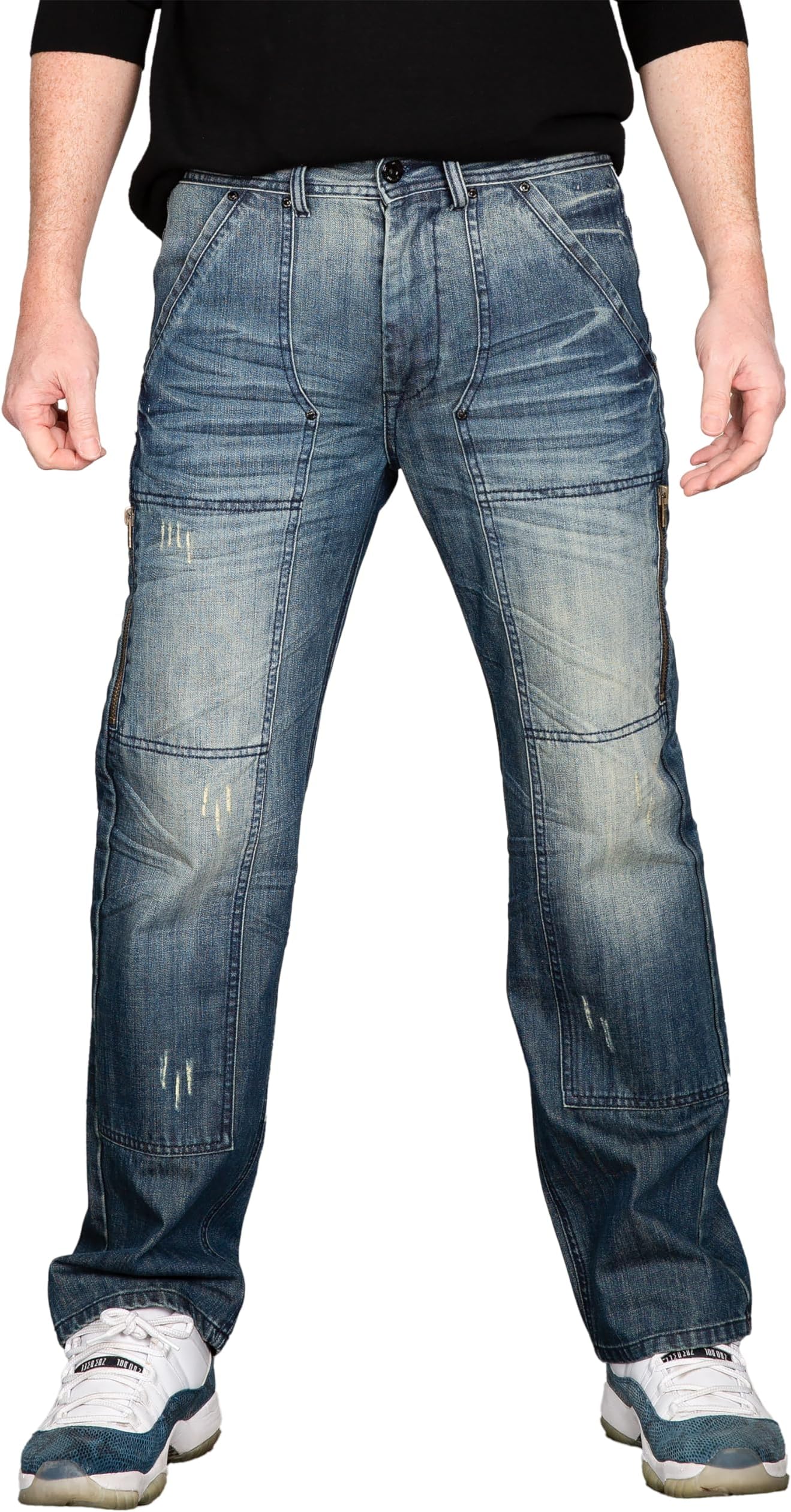 Men's Relaxed Bootcut & Relaxed Straight Leg Denim Distressed Jeans with Zipper Pocket