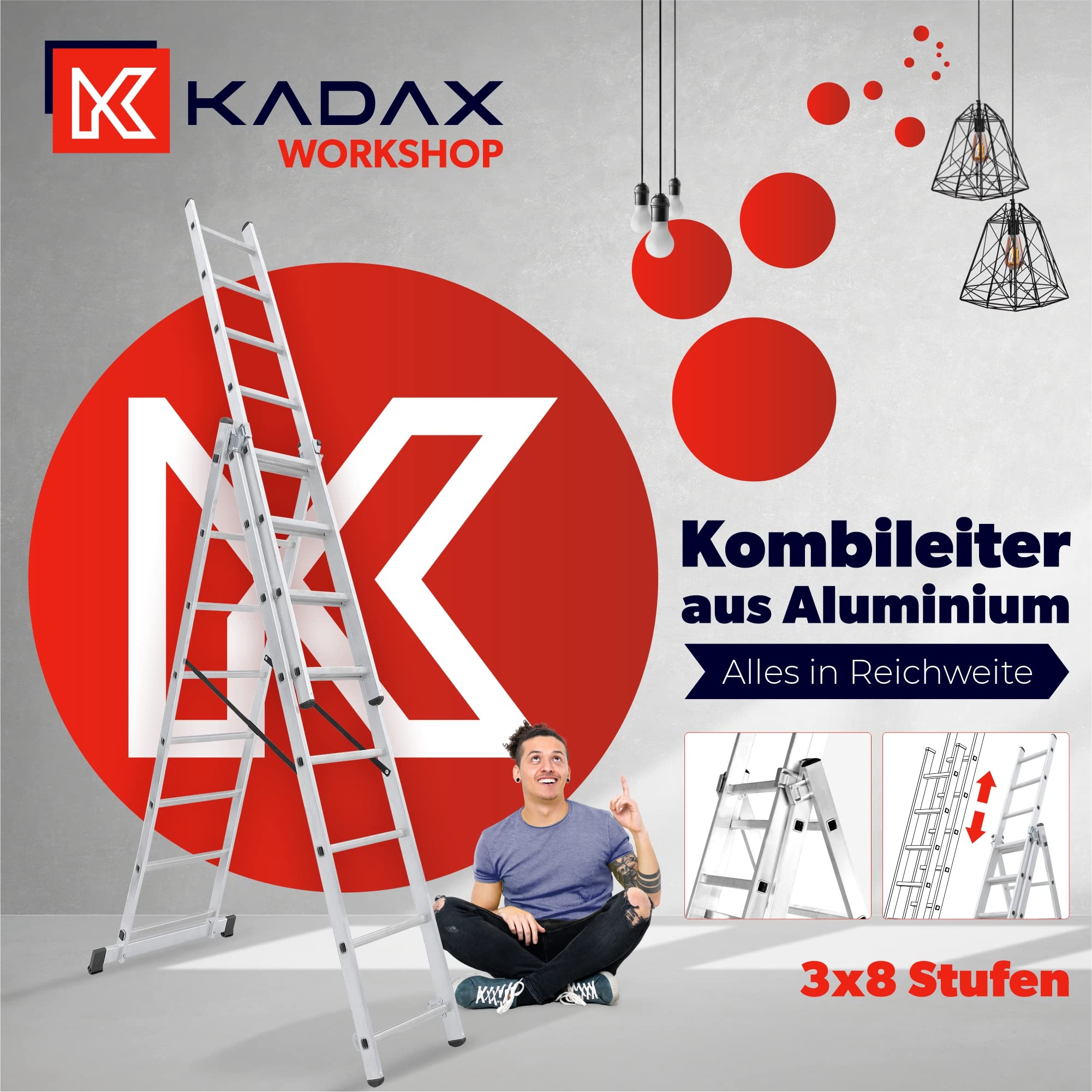 KADAX Drabina aluminiowa 4‑stopniowa, udźwig do 125 kg, składana z półką na narzędzia, antypoślizgowe stopnie i nóżki, stabilna do prac domowych i warsztatowych