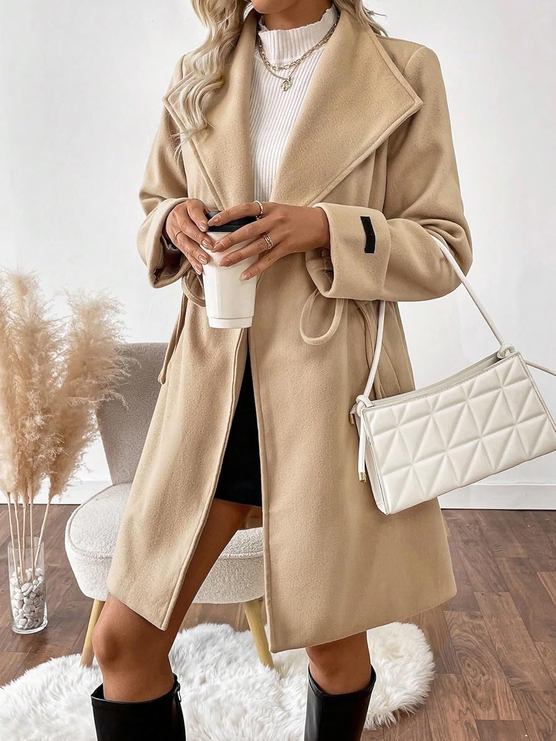 Women's Fashion Winter Wrap Waterfall Solid Color Lapel Waist Sleeve Patch Slim Trench Coat Fall Fall Overcoat