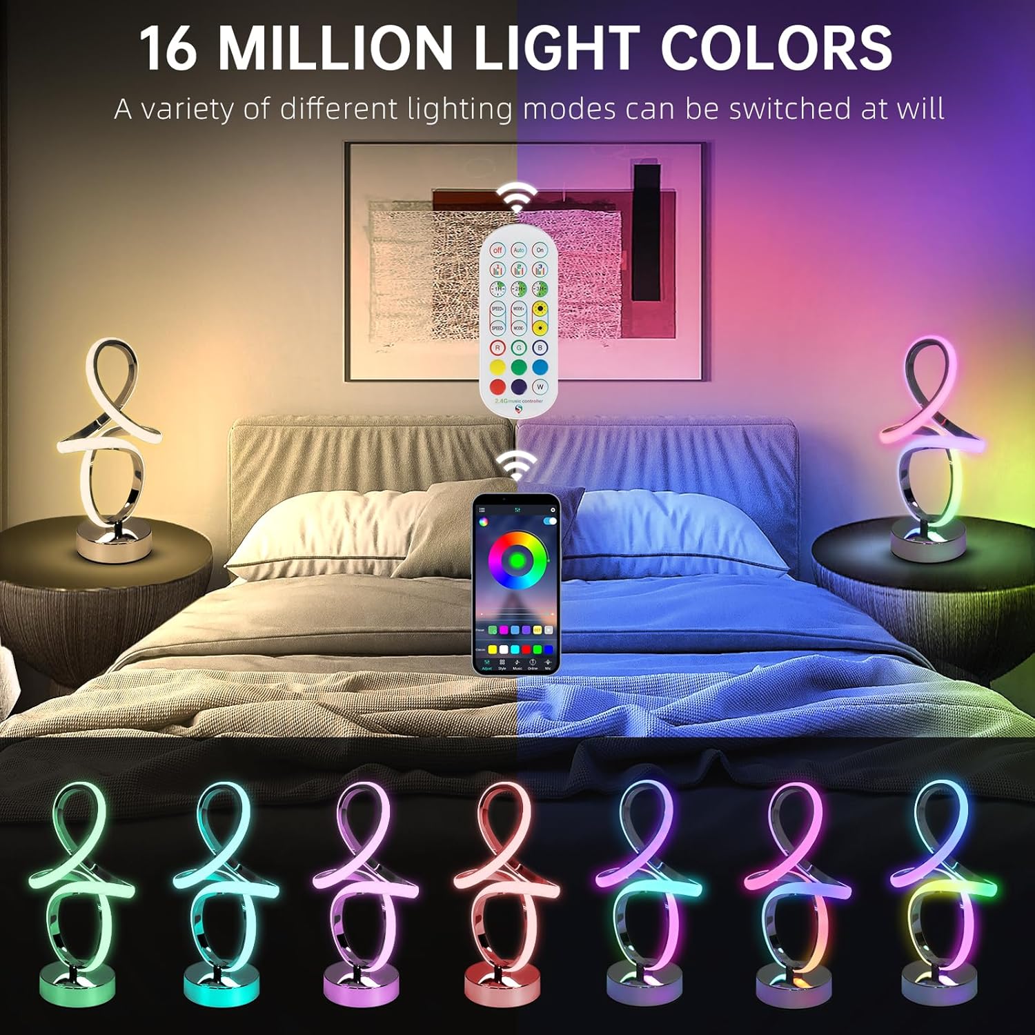 EIDISUNY Modern RGB Table Lamps, Multicolor Changing Spiral Bedside Lamp with Remote&APP, Cool Table Lamp, Dimmable LED Nightstand Lamp with Music Rhythm Modes for Bedroom, Living Room, Black(2 Pack)