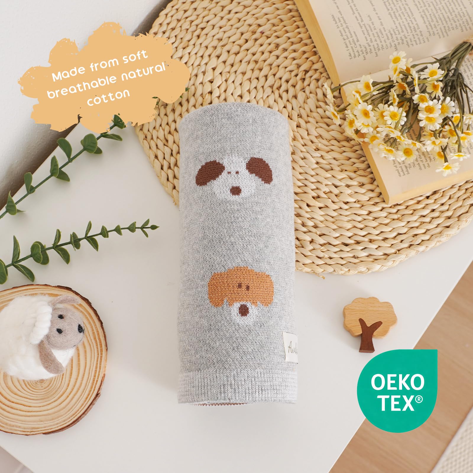 Avibae Cotton Baby Blanket for Newborns Soft Knitted Receiving Blanket for Pram and Cot with Cute Dog Pattern 100x80cm - Image 3