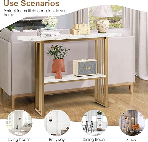 Miniatura 6 de Giantex Mesa consola para sofá, mesa de entrada de mármol sintético de 48 pulgadas, mesa auxiliar estrecha de 2 niveles con kit antivuelco, mesa de