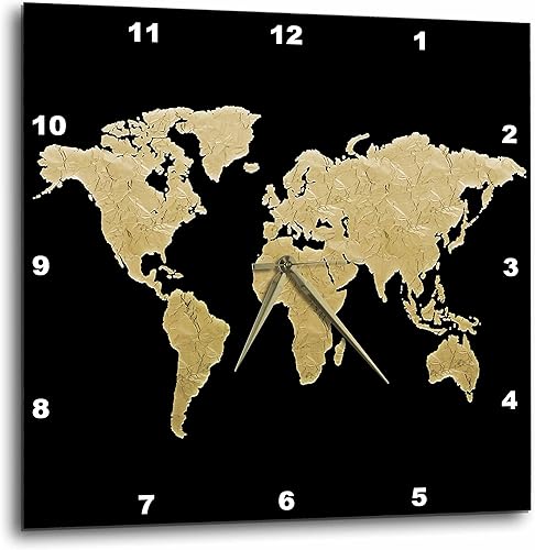 3dRose Anne Marie BaughMapasdorado y negro mapa del mundo ilustraciónrelojes de pared