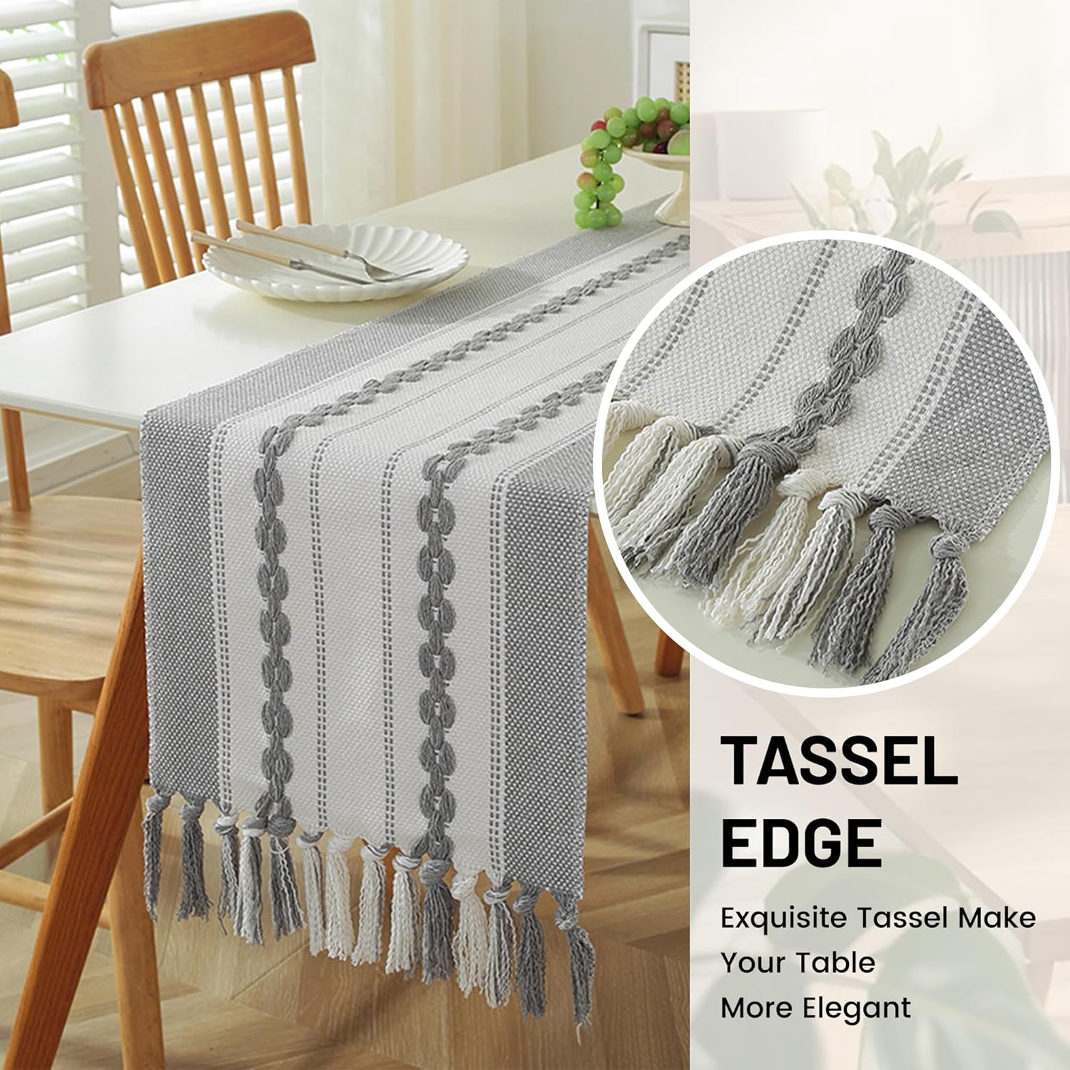 Embroidery Table Runner with Tassel 3D Flowers Polyester Table Runner for Dining Room, Kitchen Counter, for Farmhouse Wedding, Party, Dinner(13''X70'', Grey)