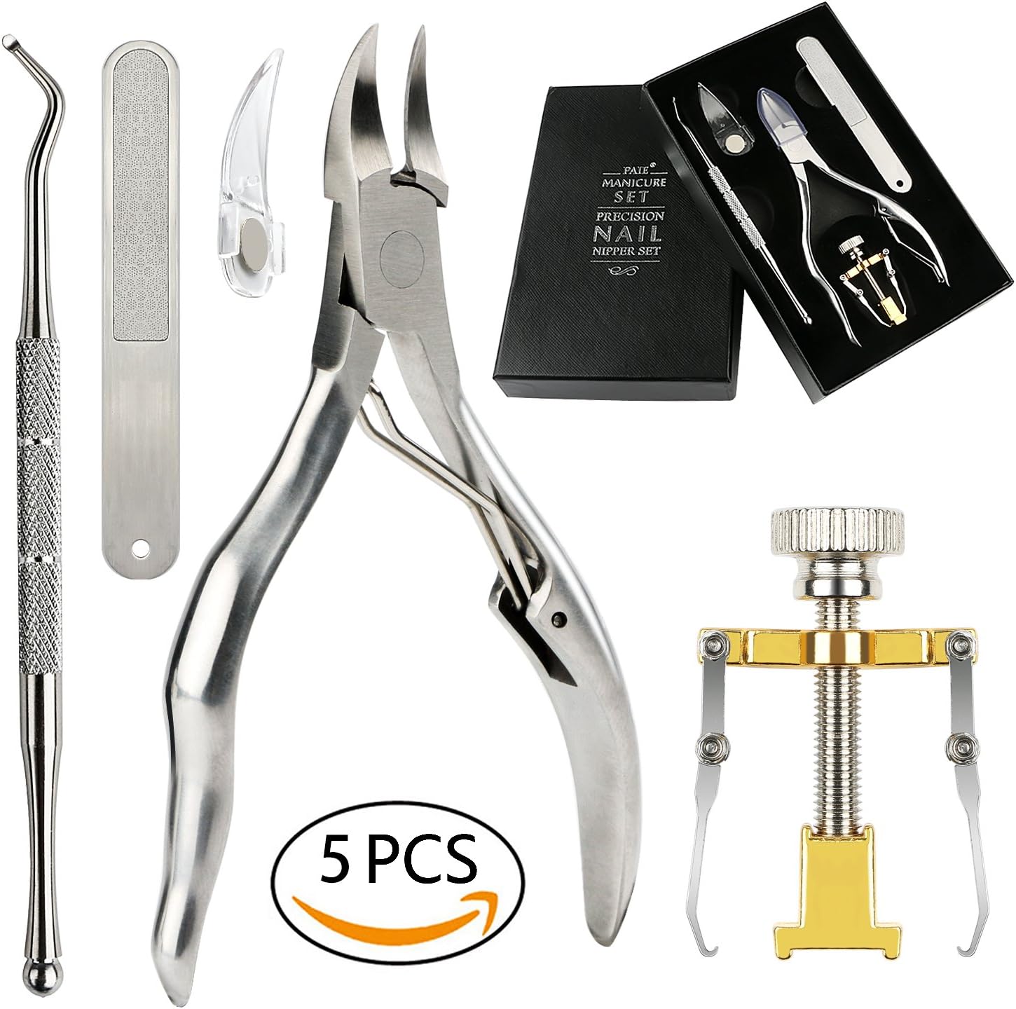 5 Pcs Ingrown Toenail Corrector Kit - 5 in 1 Gold Professional Pedicure Toes Treatment Tools with Nail Corrector, Clipper, Cleaner, File for Thick Ingrown Toenails Correction Orthotic Appliance Set