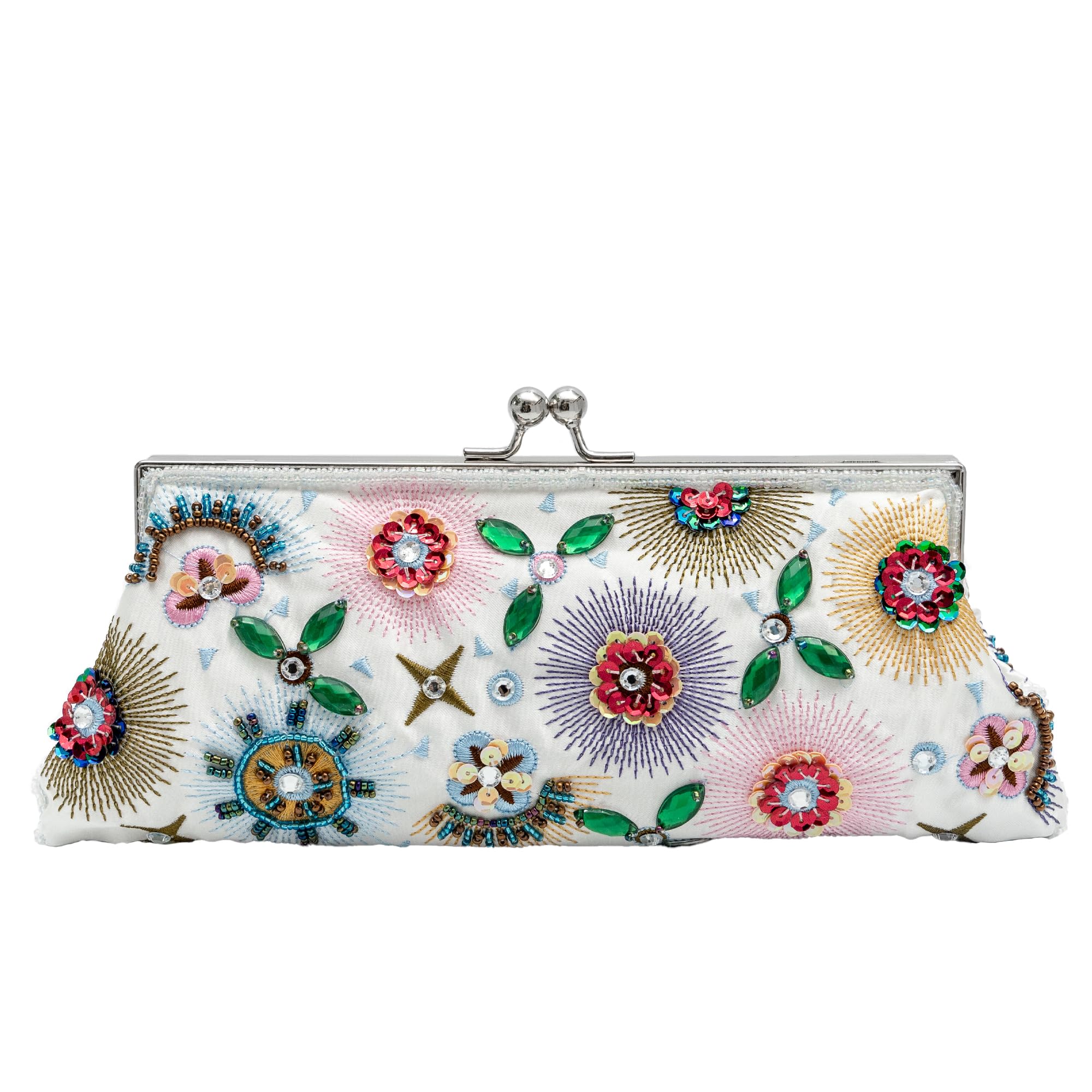lapulio Colorful Floral Leaves Embroidered Sequined Clutch Purse Small Flower Prom Purse Wedding Handbag Women Evening Bag(White)