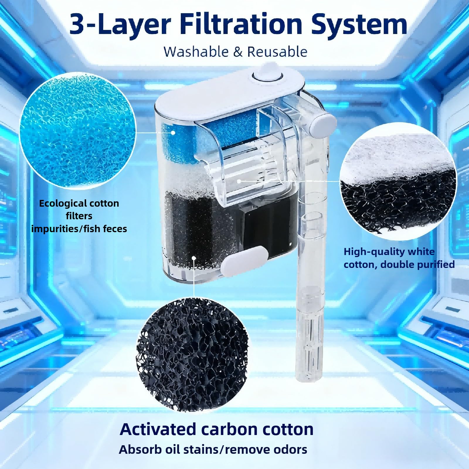 Mini filtro de cascada, filtro de acuario de 3 etapas con flujo ajustable, ultra silencioso, filtro de alimentación sumergible de 2,5 W con protector antisucción para peceras de 12 a 35 cm