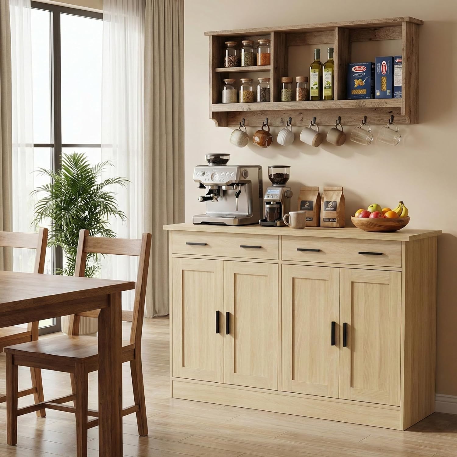 Anystyle 53" Oak Buffet Cabinet with Storage, Kitchen Sideboard Buffet Server with 2 Drawers & 4 Doors, Modern Coffee Bar Cabinet Credenza for Dining Room, Living Room, Hallway