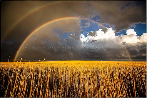 Great Plains Photography Print (Not Framed) Picture of Double Rainbow Over Golden Wheat Field on Stormy Spring Day in Kansas Western Sky Wall Art