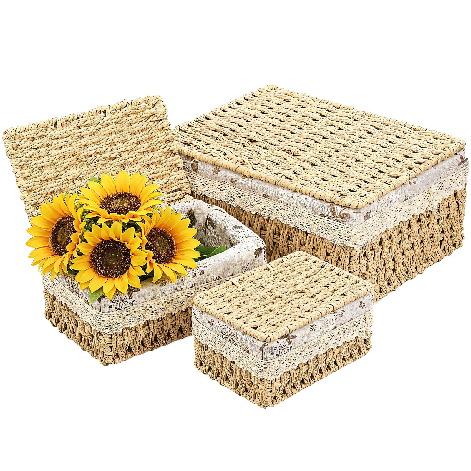 Woven Storage Baskets with Lids, 3 Pcs Natural Paper Rope Storage Basket