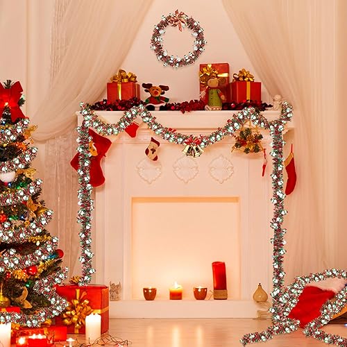 Miniatura 4 de Guirnalda de Navidad de oropel rojo y verde de 50 pies con adornos de muñeco de nieve, guirnalda de Navidad brillante para decoración de árbol,