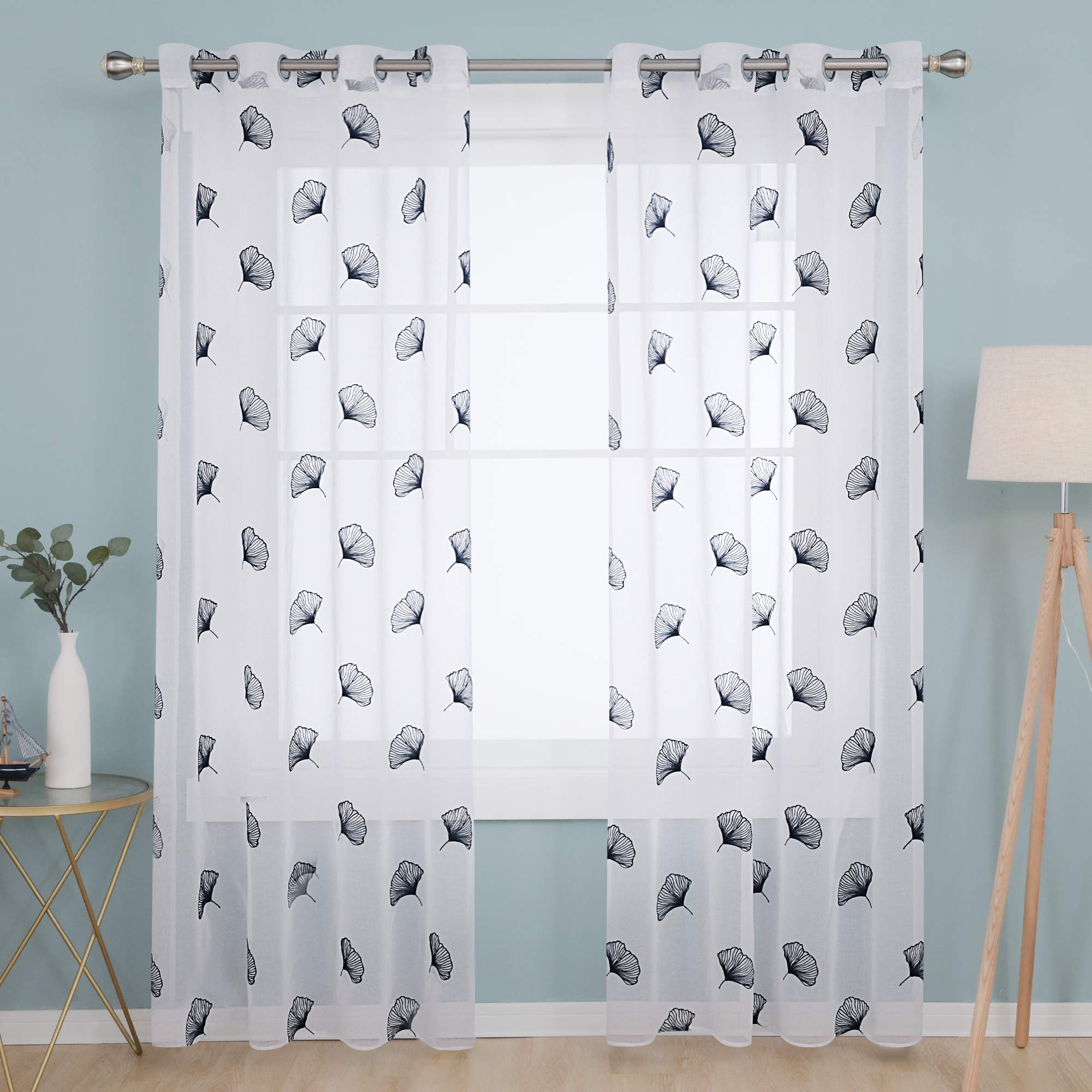 Deconovo Home Decoration Linen Look Voile Curtains Super Soft Semi Transparent Sheer Curtains Eyelets Net Curtains for Kitchen 55 x 54 Inch Navy Blue Two Panels