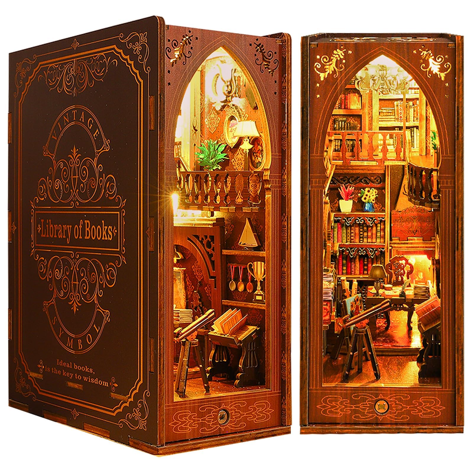LED Book Nook Kit, Soporte de Sujetalibros Decorativo, Sujetalibros Rompecabezas de Madera 3D para Adultos-Escuadra de Inserción de Sujetalibros-Decorativo para el Hogar (Biblioteca)