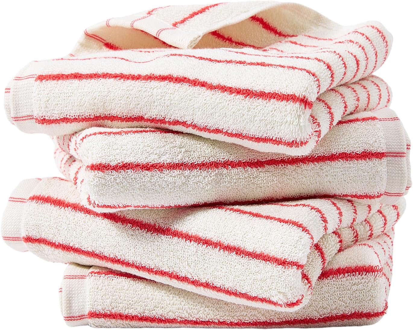 HEAVYWOOD Hand Towels Set of 4 Striped 100% Cotton Reversible, Soft & Absorbent Decorative Hand Towel for Bathroom Clearance (White/Red Stripe, 4Pack)