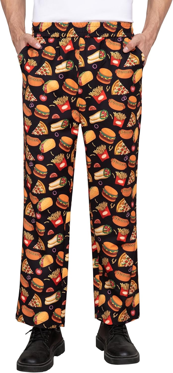 Nanxson Men's Baggy Chef Pants, Printed Work Pants with Elastic Waist Restaurant Kitchen Uniforms